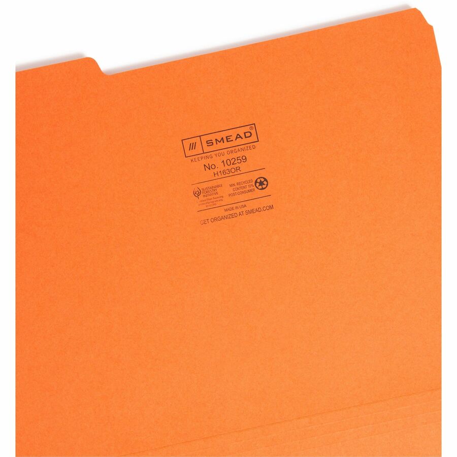 Smead 1/3 Tab Cut Letter Recycled Interior File Folder - 8 1/2" x 11" - 3/4" Expansion - Top Tab Location - Assorted Tab Position - 11 pt. - 1 Plys - Paper - Orange - 10% Recycled - 100 / Box