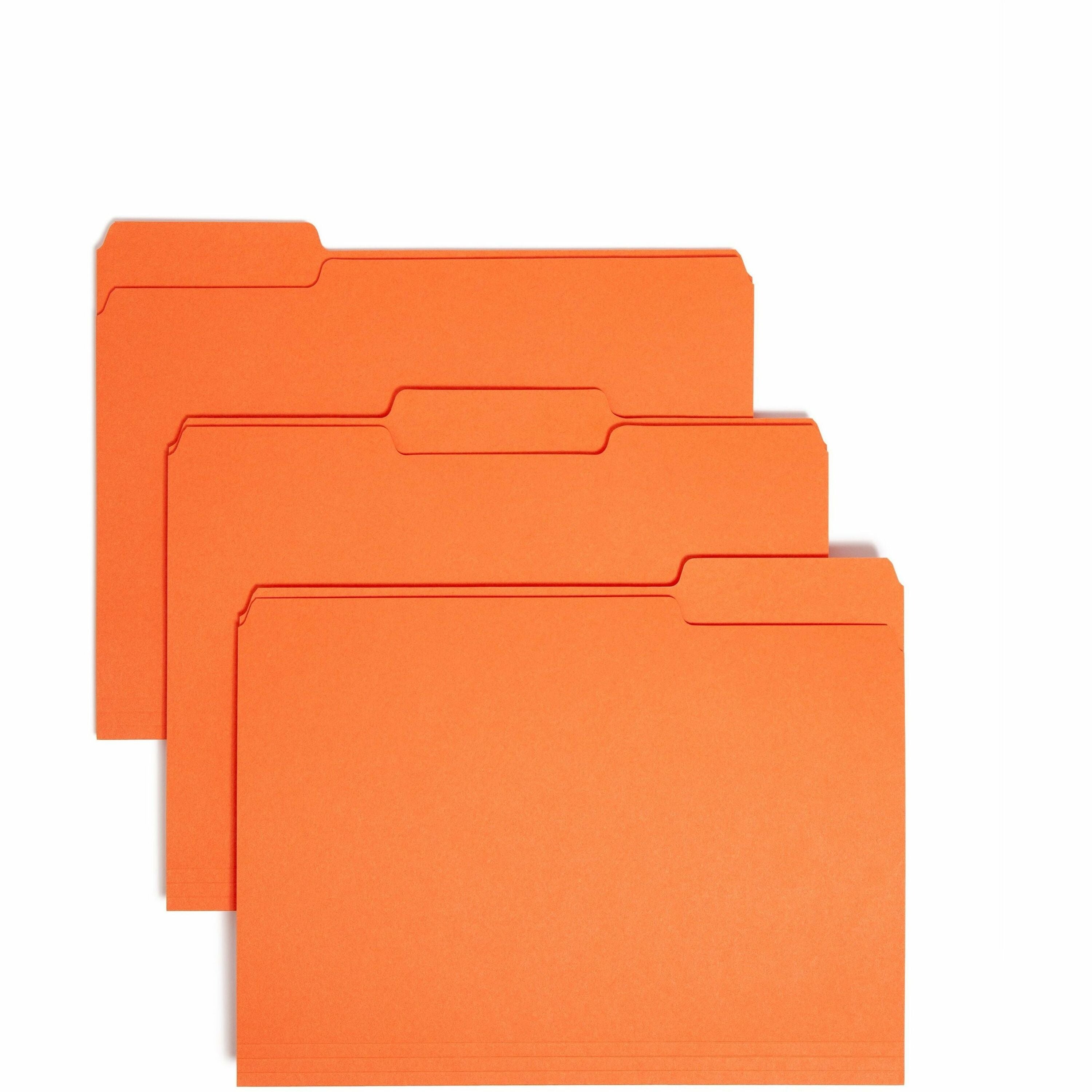 Smead 1/3 Tab Cut Letter Recycled Interior File Folder - 8 1/2" x 11" - 3/4" Expansion - Top Tab Location - Assorted Tab Position - 11 pt. - 1 Plys - Paper - Orange - 10% Recycled - 100 / Box