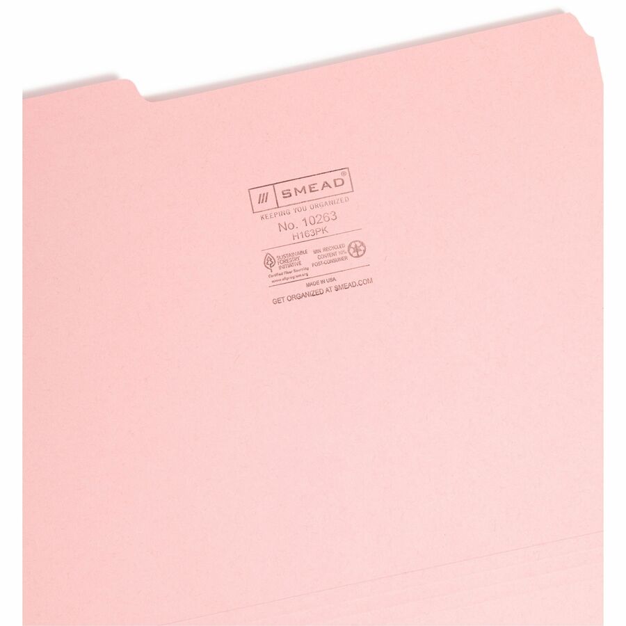 Smead 1/3 Tab Cut Letter Recycled Interior File Folder - 8 1/2" x 11" - 3/4" Expansion - Top Tab Location - Assorted Tab Position - 11 pt. - 1 Plys - Paper - Pink - 10% Recycled - 100 / Box