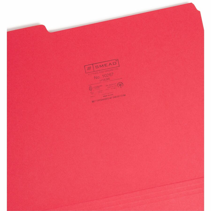 Smead 1/3 Tab Cut Letter Recycled Interior File Folder - 8 1/2" x 11" - 3/4" Expansion - Top Tab Location - Assorted Tab Position - 11 pt. - 1 Plys - Paper - Red - 10% Recycled - 100 / Box