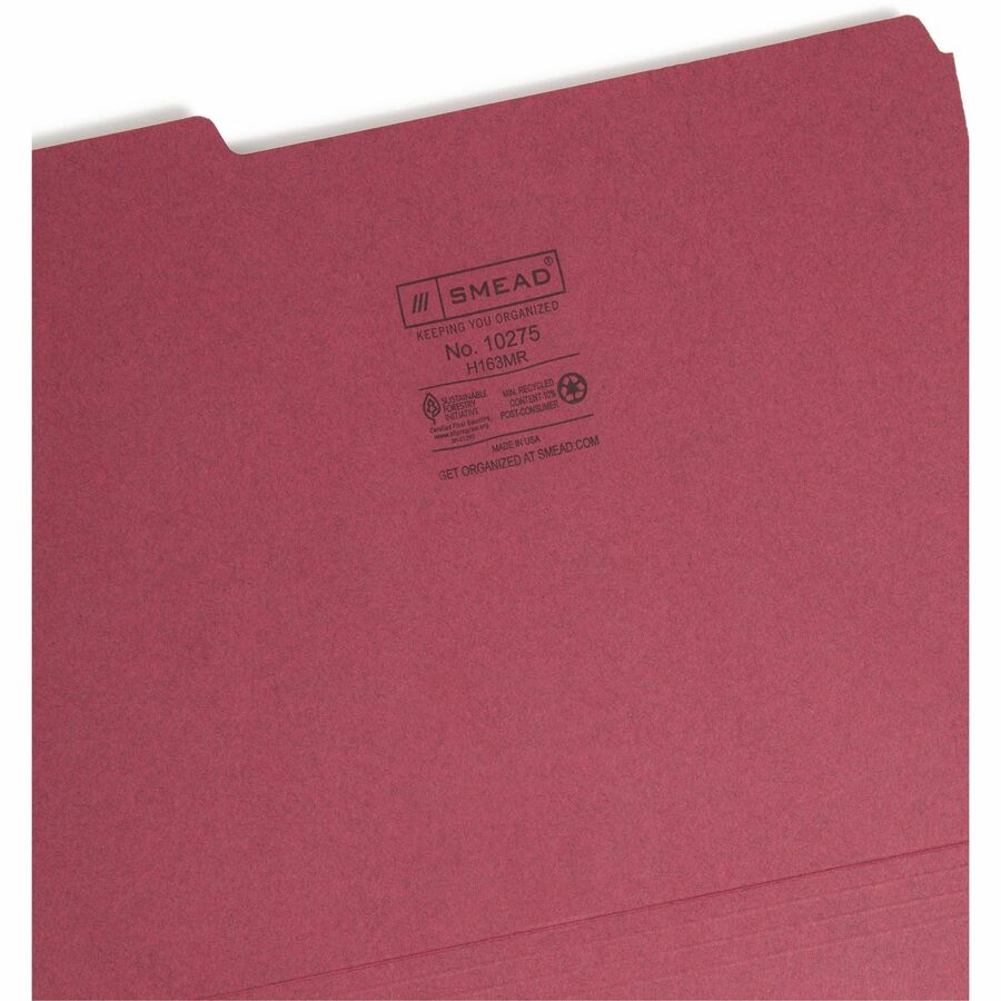 Smead 1/3 Tab Cut Letter Recycled Interior File Folder - 8 1/2" x 11" - 3/4" Expansion - Top Tab Location - Assorted Tab Position - 11 pt. - 1 Plys - Paper - Maroon - 10% Recycled - 100 / Box