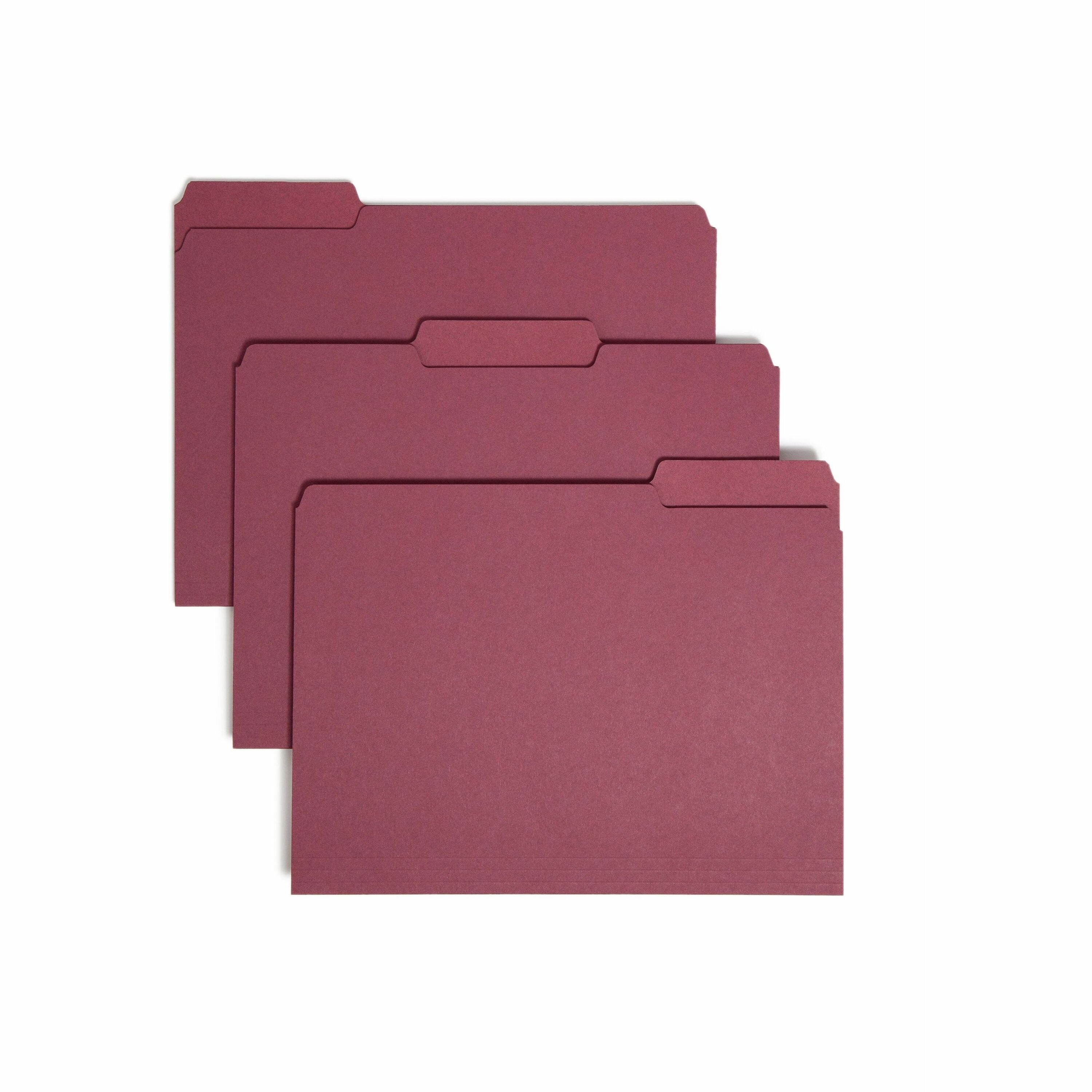 Smead 1/3 Tab Cut Letter Recycled Interior File Folder - 8 1/2" x 11" - 3/4" Expansion - Top Tab Location - Assorted Tab Position - 11 pt. - 1 Plys - Paper - Maroon - 10% Recycled - 100 / Box