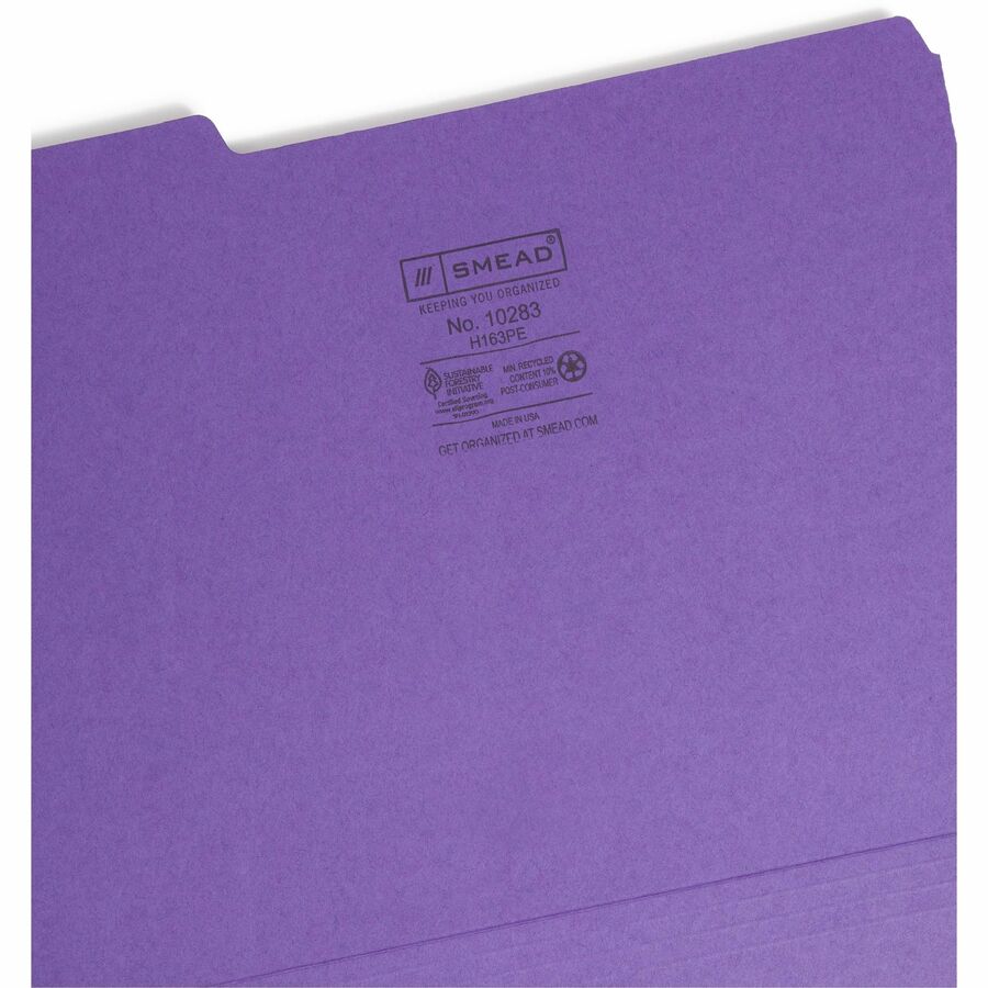 Smead 1/3 Tab Cut Letter Recycled Interior File Folder - 8 1/2" x 11" - 3/4" Expansion - Top Tab Location - Assorted Tab Position - 11 pt. - 1 Plys - Paper - Purple - 10% Recycled - 100 / Box