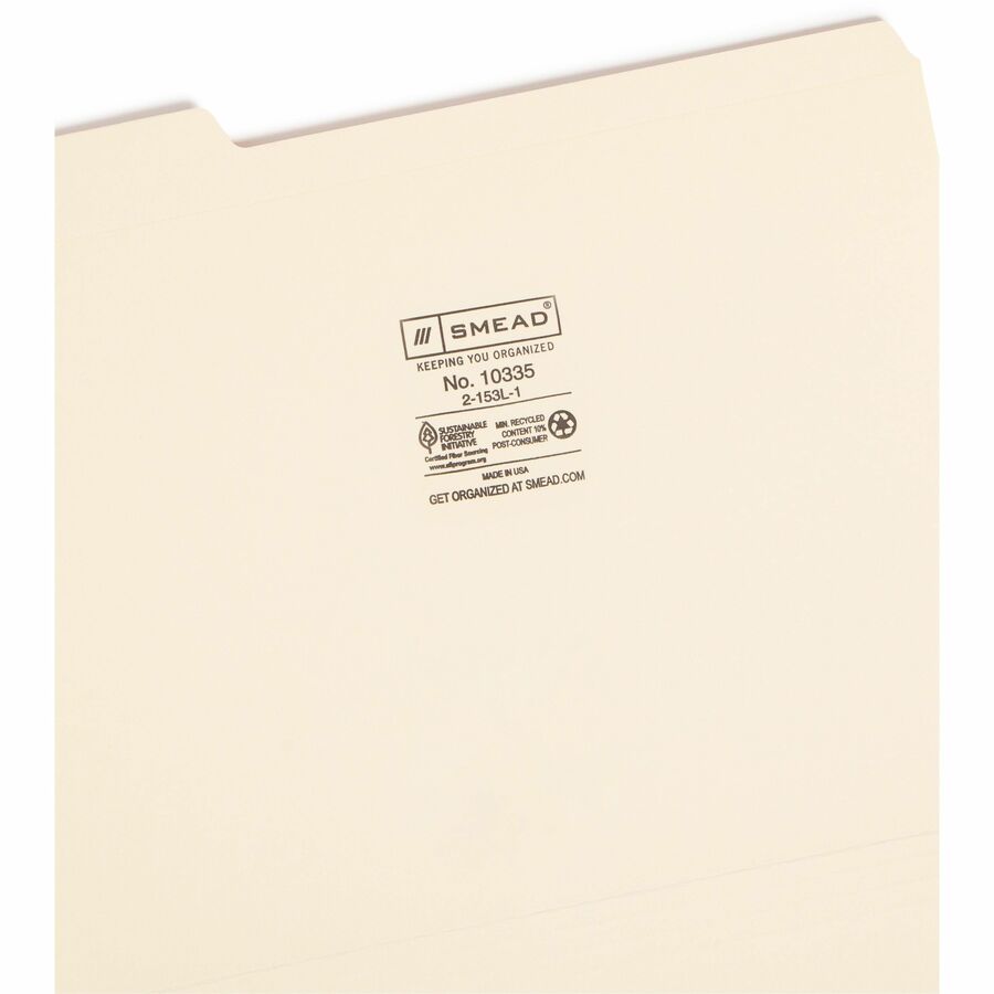 Smead 1/3 Tab Cut Letter Recycled Top Tab File Folder - 8 1/2" x 11" - 3/4" Expansion - Top Tab Location - Left Tab Position - 11 pt. - 2 Plys - Manila - Reinforced, Durable, Reinforced Tab, Rounded Corner - 10% Recycled - 100 / Box