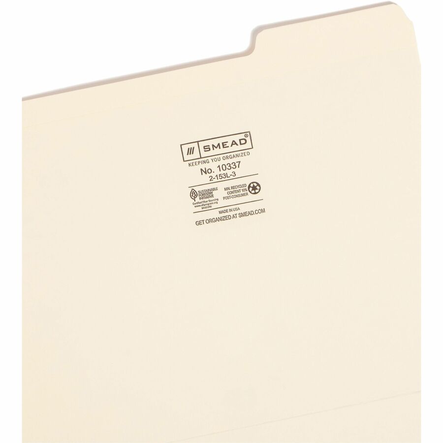 Smead 1/3 Tab Cut Letter Recycled Top Tab File Folder - 8 1/2" x 11" - 3/4" Expansion - Top Tab Location - Right Tab Position - 11 pt. - 2 Plys - Manila - Reinforced, Durable, Reinforced Tab, Rounded Corner - 10% Recycled - 100 / Box