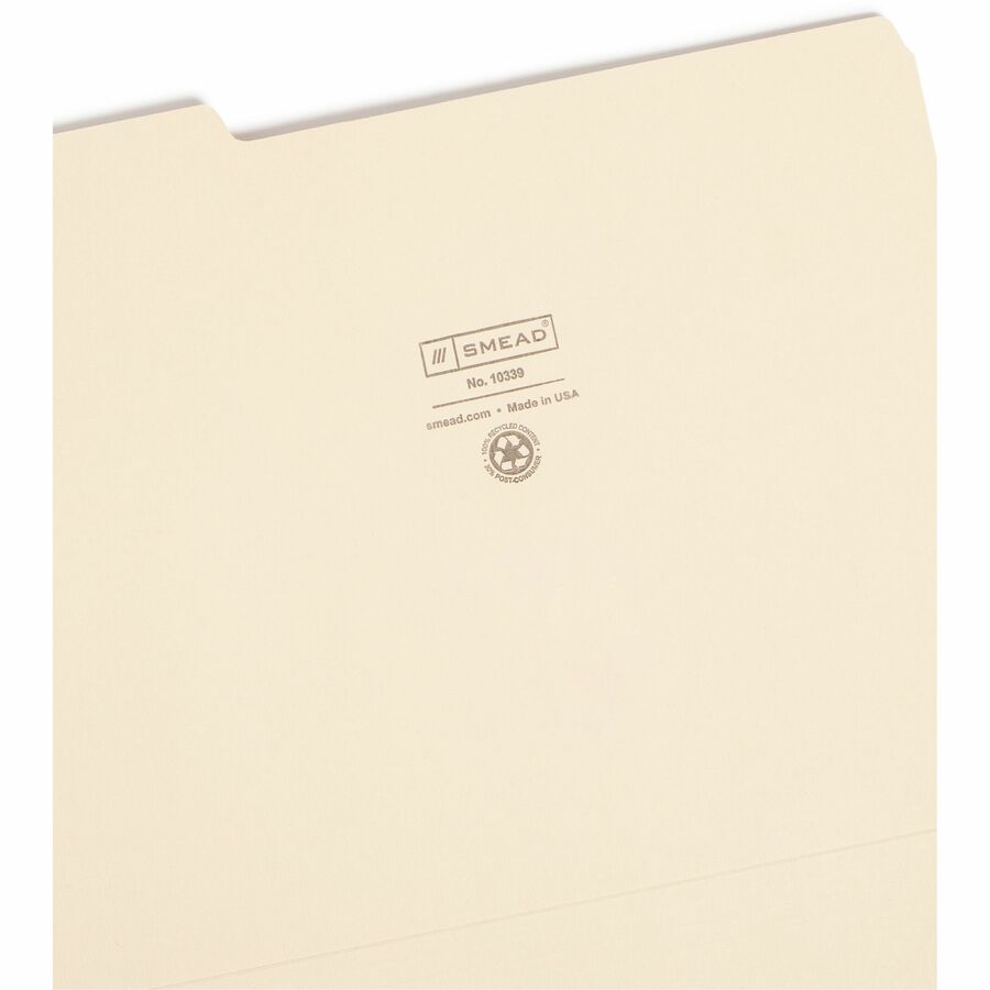 Smead 1/3 Tab Cut Letter Recycled Top Tab File Folder - 8 1/2" x 11" - 3/4" Expansion - Top Tab Location - Assorted Tab Position - 11 pt. - 1 Plys - Manila - Acid-free, Rounded Corner - 100% Recycled - 100 / Box