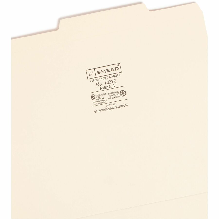 Smead 2/5 Tab Cut Letter Recycled Top Tab File Folder - 8 1/2" x 11" - 3/4" Expansion - Top Tab Location - Right of Center Tab Position - 11 pt. - 2 Plys - Manila - Rounded Corner, Durable, Reinforced Tab - 10% Recycled - 100 / Box