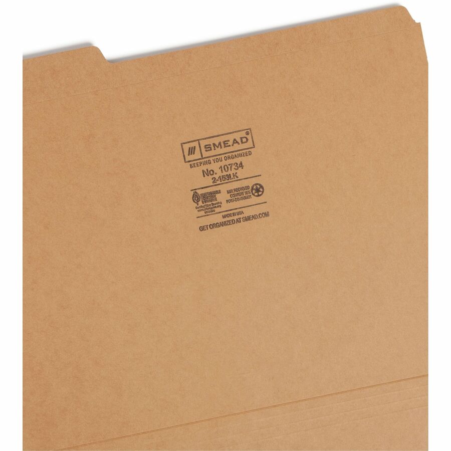 Smead 1/3 Tab Cut Letter Recycled Top Tab File Folder - 8 1/2" x 11" - 3/4" Expansion - Top Tab Location - Assorted Tab Position - 11 pt. - 2 Plys - Kraft - Reinforced Tab - 10% Recycled - 100 / Box