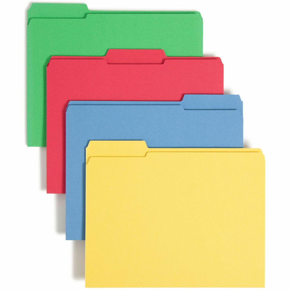 Smead Colored 1/3 Tab Cut Letter Recycled Top Tab File Folder - 8 1/2" x 11" - 3/4" Expansion - Top Tab Location - Assorted Tab Position - 11 pt. - 2 Plys - Blue, Green, Red, Yellow - Reinforced Tab - 10% Recycled - 12 / Pack