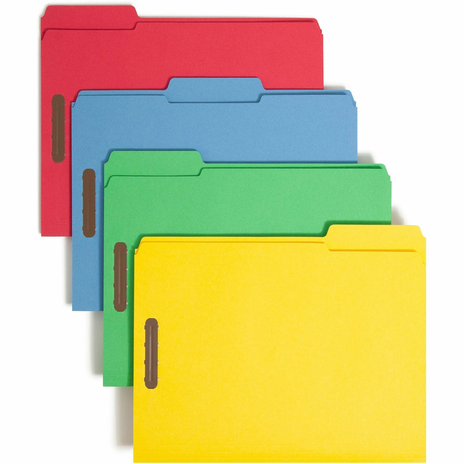 Smead Colored 1/3 Tab Cut Letter Recycled Fastener Folder - 8 1/2" x 11" - 3/4" Expansion - 2 x 2K Fastener(s) - 2" for Folder - Top Tab Location - Assorted Tab Position - 11 pt. - 2 Plys - Blue, Green, Red, Yellow - Reinforced - 10% Recycled - 50 / Box