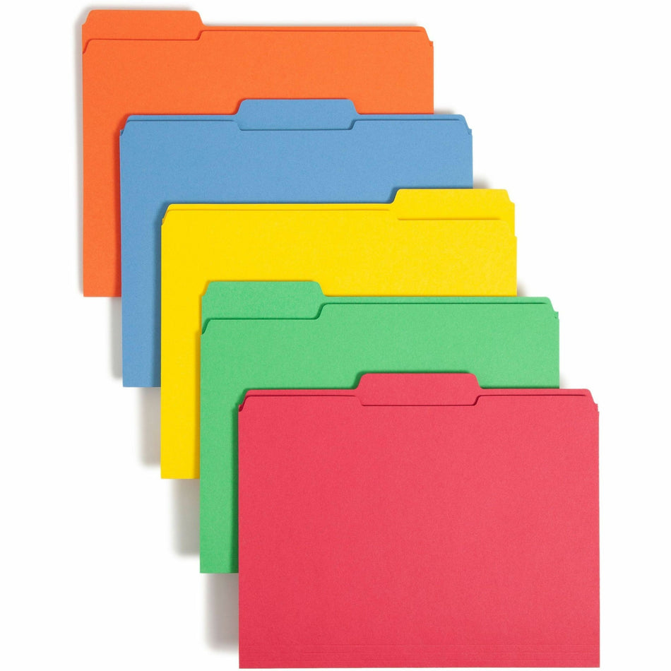 Smead Colored 1/3 Tab Cut Letter Recycled Top Tab File Folder - 8 1/2" x 11" - 3/4" Expansion - Top Tab Location - Assorted Tab Position - 11 pt. - 2 Plys - Blue, Green, Orange, Yellow - Reinforced - 10% Recycled - 100 / Box