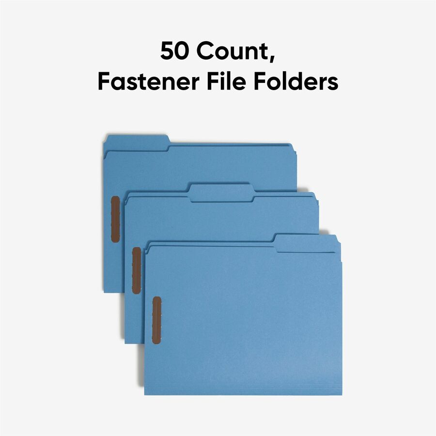 Smead Colored 1/3 Tab Cut Letter Recycled Fastener Folder - 8 1/2" x 11" - 3/4" Expansion - 2 x 2K Fastener(s) - 2" for Folder - Top Tab Location - Assorted Tab Position - 11 pt. - 2 Plys - Blue - Reinforced Tab - 10% Recycled - 50 / Box