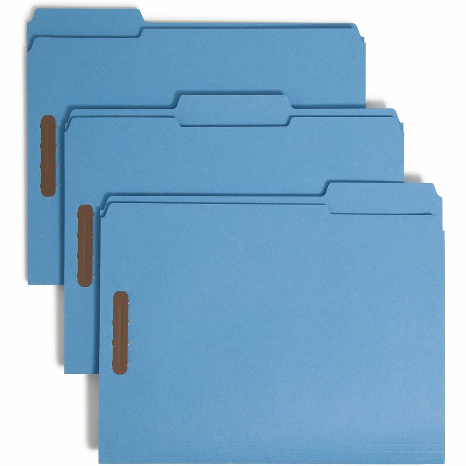 Smead Colored 1/3 Tab Cut Letter Recycled Fastener Folder - 8 1/2" x 11" - 3/4" Expansion - 2 x 2K Fastener(s) - 2" for Folder - Top Tab Location - Assorted Tab Position - 11 pt. - 2 Plys - Blue - Reinforced Tab - 10% Recycled - 50 / Box