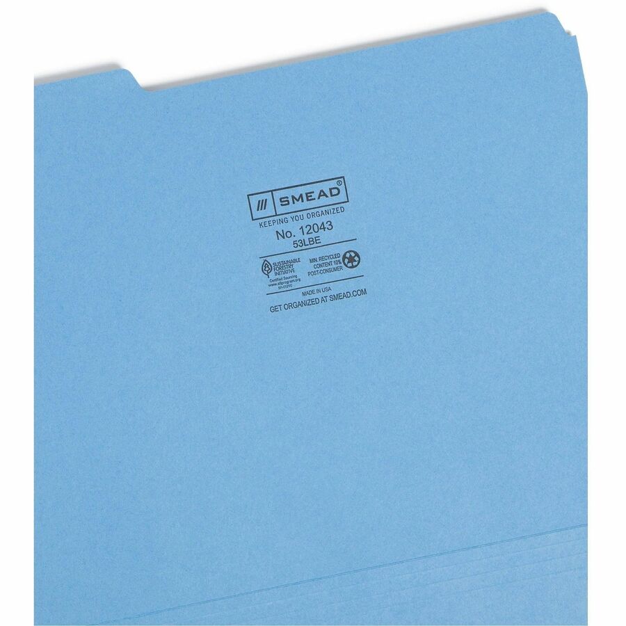 Smead 1/3 Tab Cut Letter Recycled Top Tab File Folder - 8 1/2" x 11" - 3/4" Expansion - Top Tab Location - Assorted Tab Position - 11 pt. - 1 Plys - Blue - Rounded Corner - 10% Recycled - 100 / Box