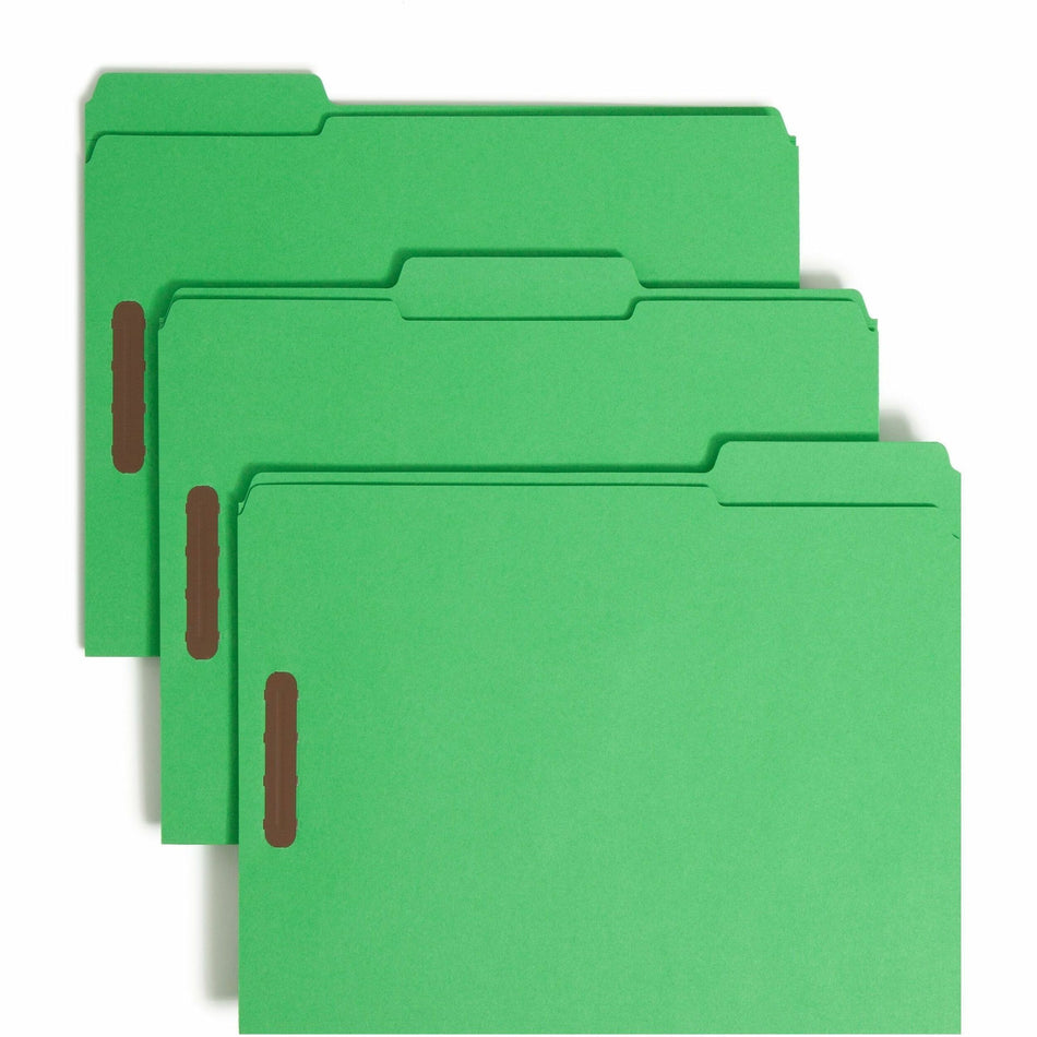Smead Colored 1/3 Tab Cut Letter Recycled Fastener Folder - 8 1/2" x 11" - 3/4" Expansion - 2 x 2K Fastener(s) - 2" for Folder - Top Tab Location - Assorted Tab Position - 11 pt. - 2 Plys - Green - Reinforced Tab - 10% Recycled - 50 / Box