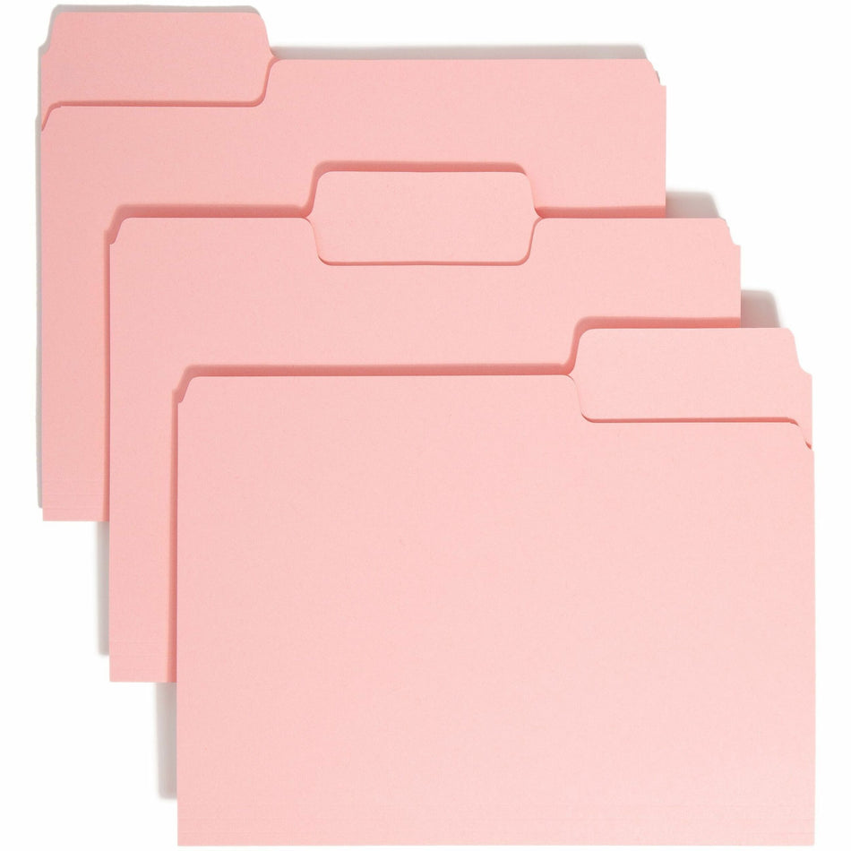 Smead Colored 1/3 Tab Cut Letter Recycled Top Tab File Folder - 8 1/2" x 11" - 3/4" Expansion - Top Tab Location - Assorted Tab Position - 11 pt. - 1 Plys - Pink - Rounded Corner - 10% Recycled - 100 / Box
