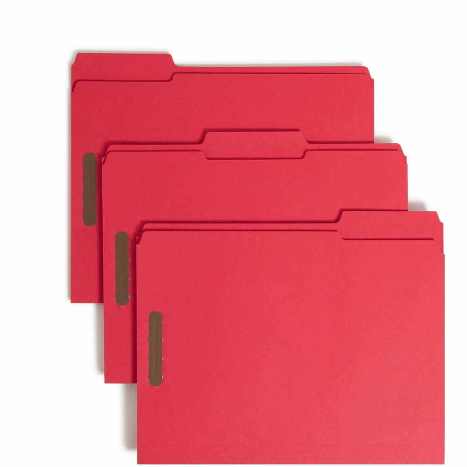 Smead Colored 1/3 Tab Cut Letter Recycled Fastener Folder - 8 1/2" x 11" - 3/4" Expansion - 2 x 2K Fastener(s) - 2" for Folder - Top Tab Location - Assorted Tab Position - 11 pt. - 2 Plys - Red - Reinforced Tab - 10% Recycled - 50 / Box