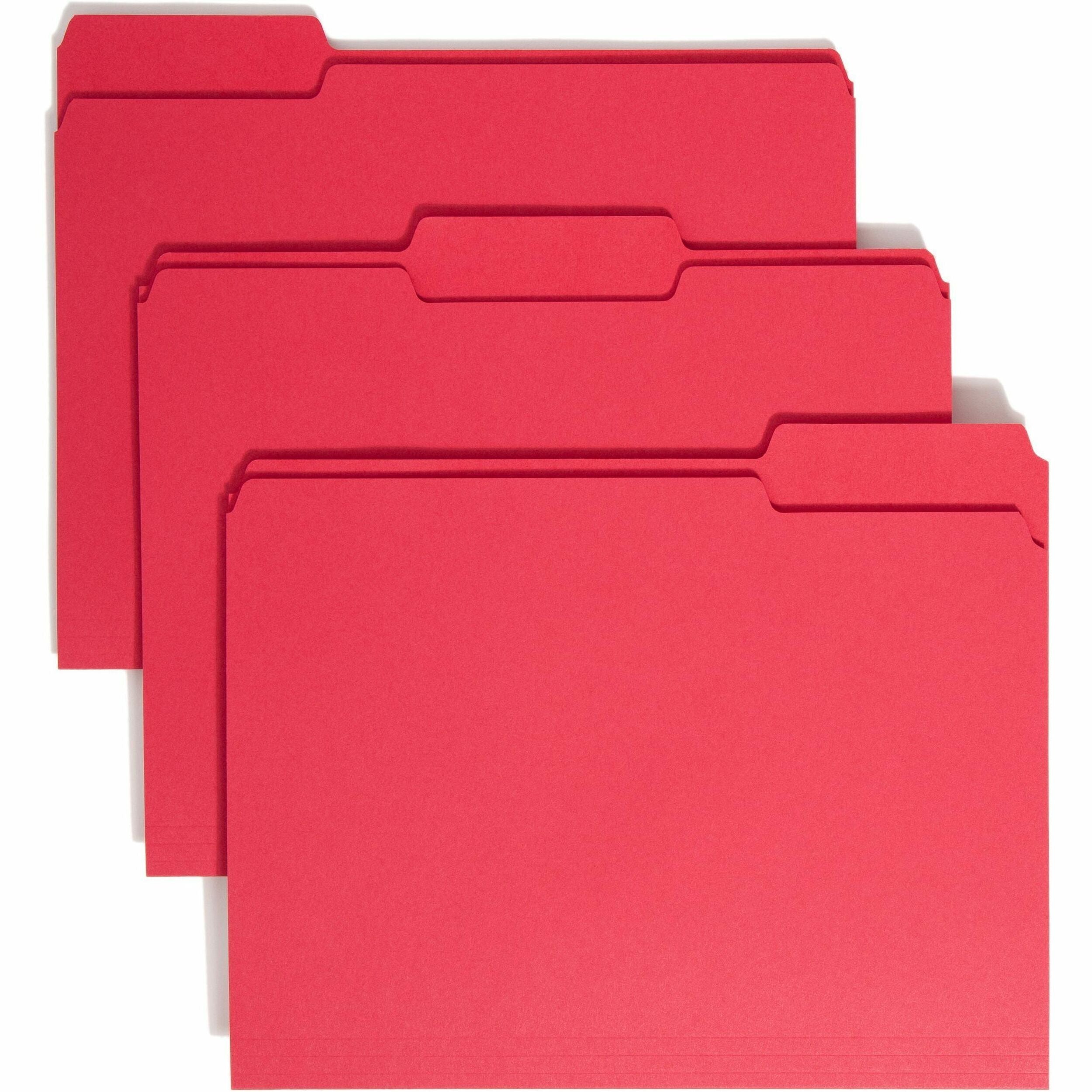 Smead 1/3 Tab Cut Letter Recycled Top Tab File Folder - 8 1/2" x 11" - 3/4" Expansion - Top Tab Location - Assorted Tab Position - 11 pt. - 1 Plys - Red - Rounded Corner - 10% Recycled - 100 / Box