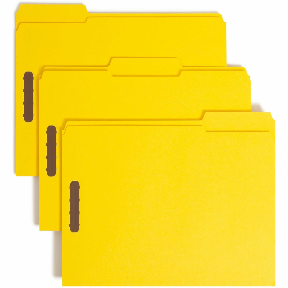 Smead Colored 1/3 Tab Cut Letter Recycled Fastener Folder - 8 1/2" x 11" - 3/4" Expansion - 2 x 2K Fastener(s) - 2" for Folder - Top Tab Location - Assorted Tab Position - 11 pt. - 2 Plys - Yellow - Reinforced Tab - 10% Recycled - 50 / Box