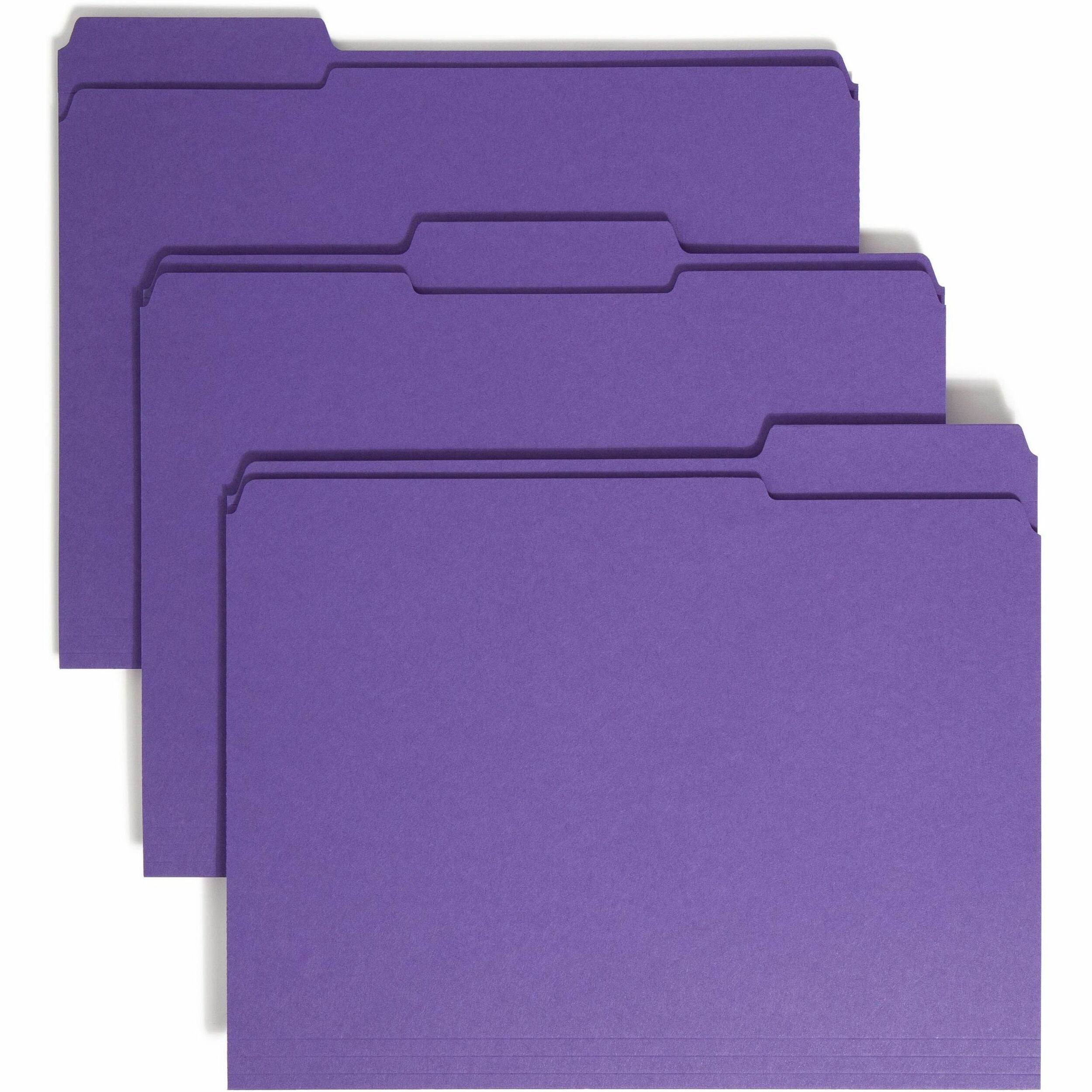 Smead Colored 1/3 Tab Cut Letter Recycled Top Tab File Folder - 8 1/2" x 11" - 3/4" Expansion - Top Tab Location - Assorted Tab Position - 11 pt. - 2 Plys - Purple - 10% Recycled - 100 / Box