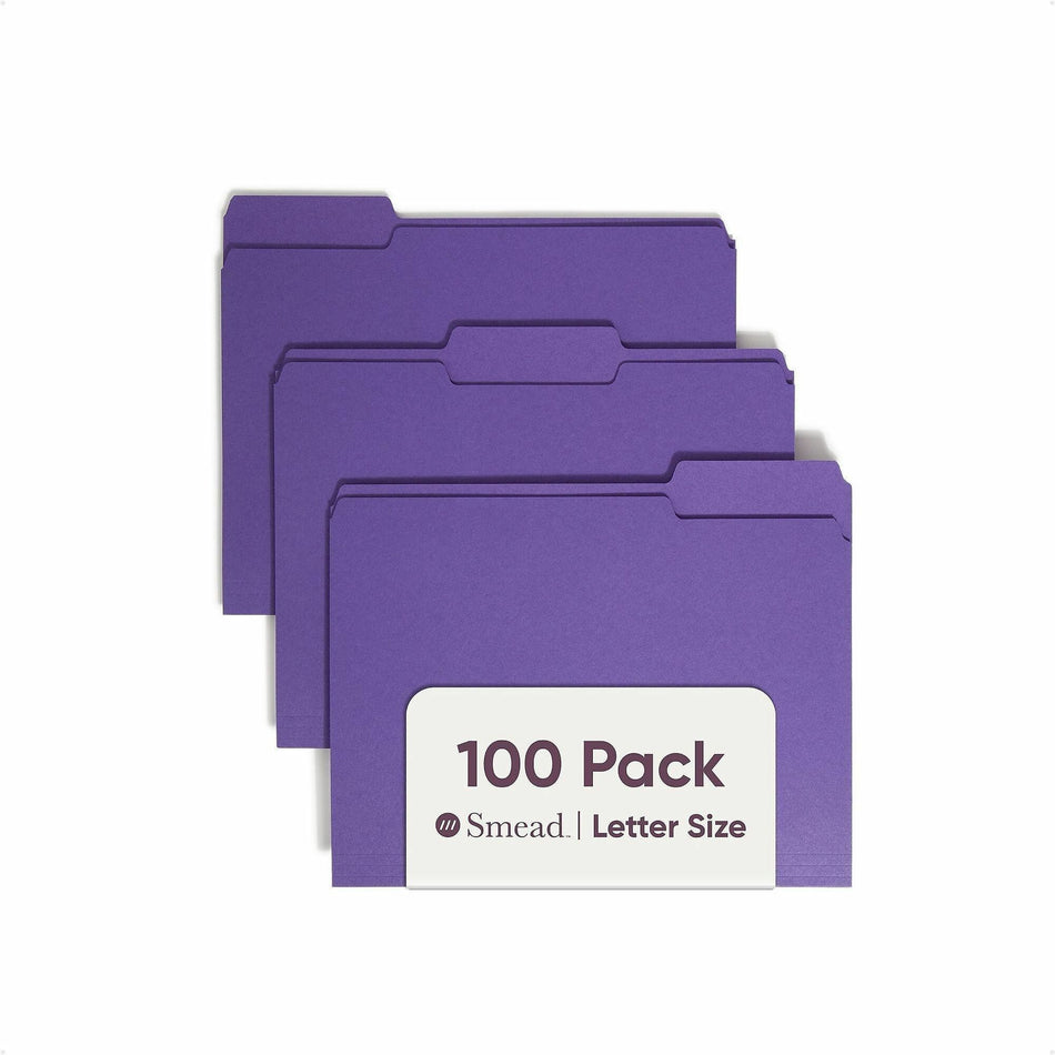 Smead Colored 1/3 Tab Cut Letter Recycled Top Tab File Folder - 8 1/2" x 11" - 3/4" Expansion - Top Tab Location - Assorted Tab Position - 11 pt. - 1 Plys - Purple - Rounded Corner - 10% Recycled - 100 / Box