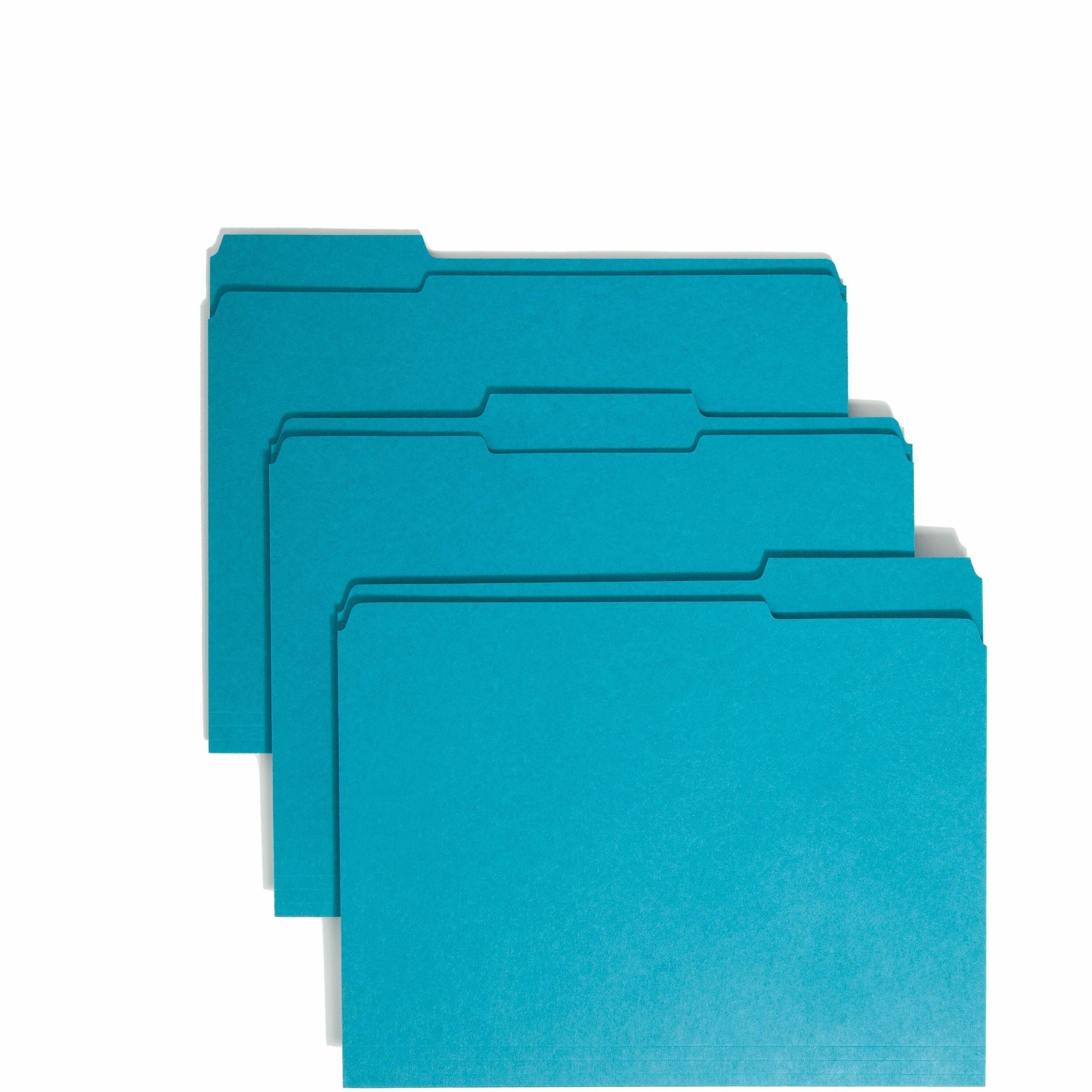 Smead Colored 1/3 Tab Cut Letter Recycled Top Tab File Folder - 8 1/2" x 11" - 3/4" Expansion - Top Tab Location - Assorted Tab Position - 11 pt. - 2 Plys - Teal - 10% Recycled - 100 / Box