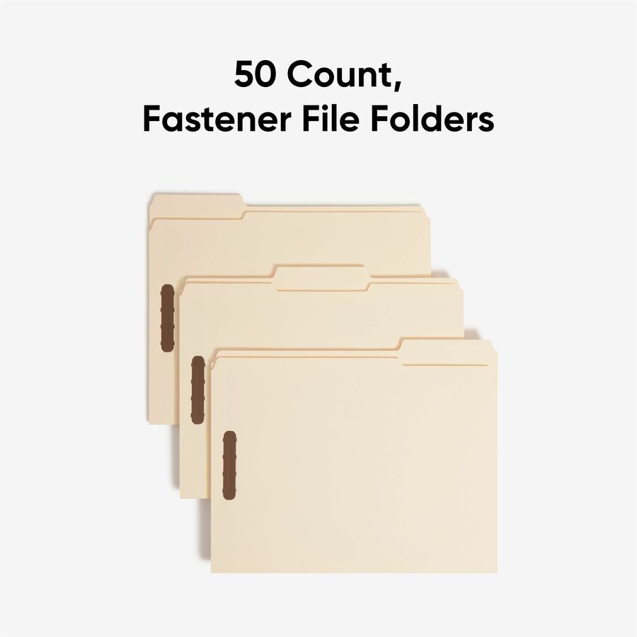 Smead 1/3 Tab Cut Letter Recycled Fastener Folder - 8 1/2" x 11" - 3/4" Expansion - 2 x 2K Fastener(s) - 2" for Folder - Top Tab Location - Assorted Tab Position - 11 pt. - 2 Plys - Manila - Reinforced Tab - 10% Recycled - 50 / Box