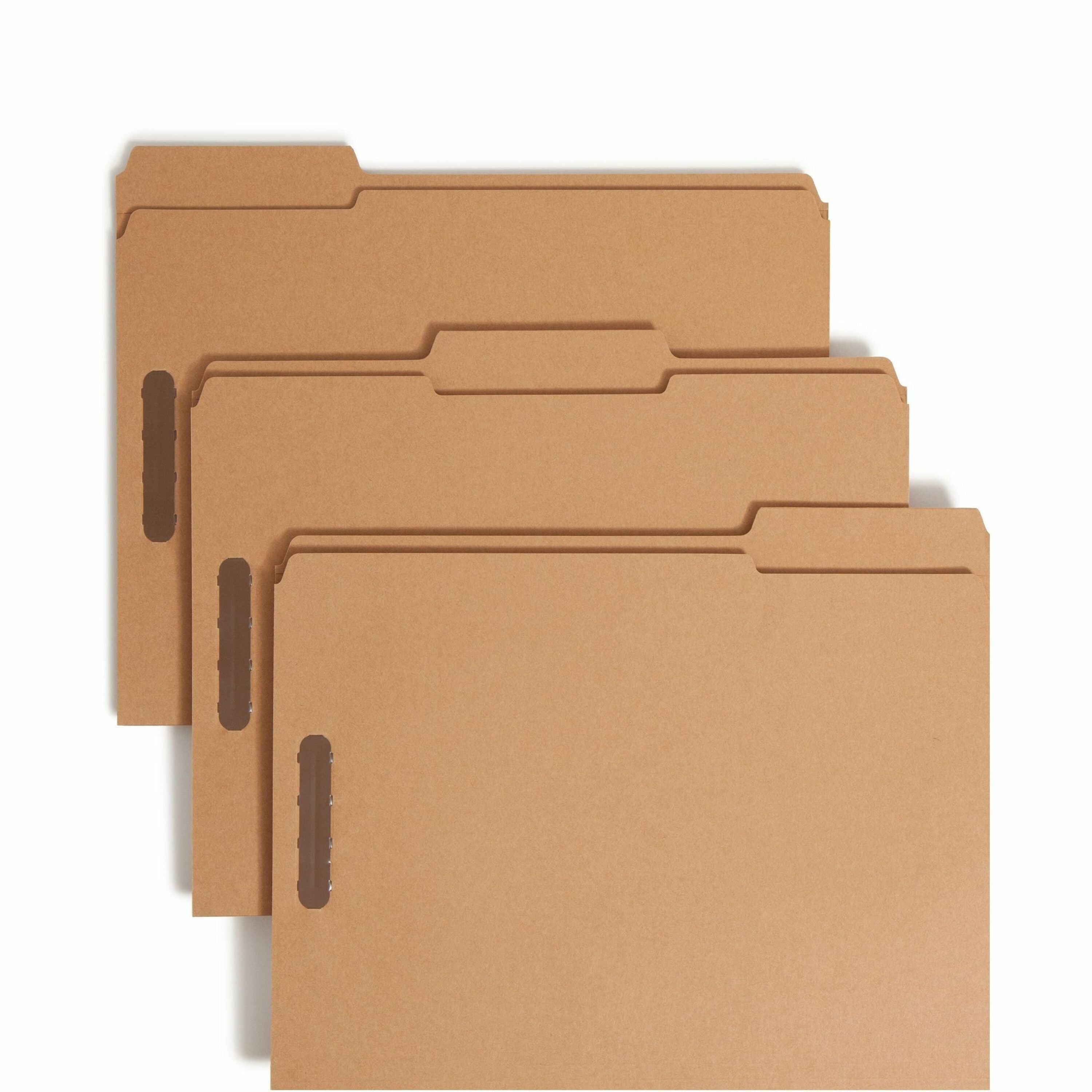 Smead 1/3 Tab Cut Letter Recycled Fastener Folder - 8 1/2" x 11" - 3/4" Expansion - 2 x 2K Fastener(s) - 2" for Folder - Top Tab Location - Assorted Tab Position - 11 pt. - 2 Plys - Kraft - Reinforced Tab - 10% Recycled - 50 / Box