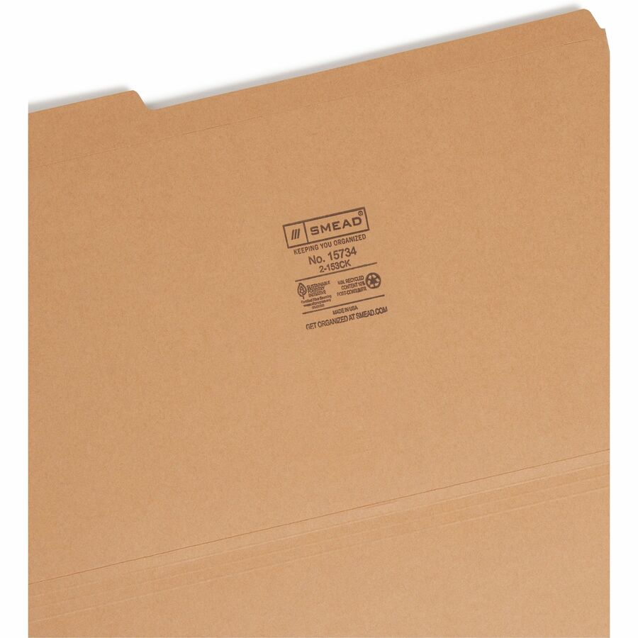 Smead 1/3 Tab Cut Legal Recycled Top Tab File Folder - 8 1/2" x 14" - 3/4" Expansion - Assorted Tab Position - 11 pt. - 2 Plys - Kraft - Reinforced - 10% Recycled - 100 / Box