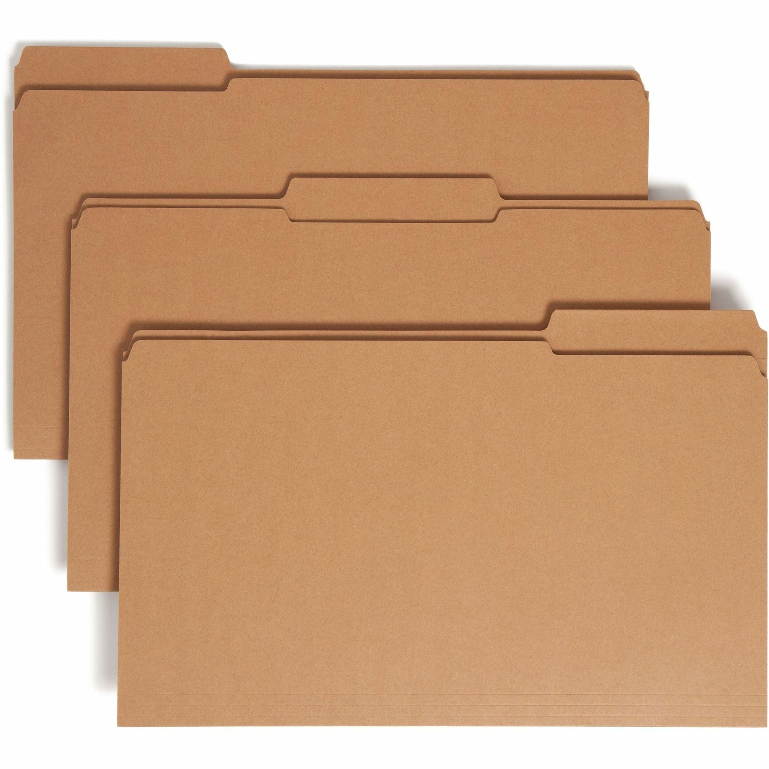 Smead 1/3 Tab Cut Legal Recycled Top Tab File Folder - 8 1/2" x 14" - 3/4" Expansion - Assorted Tab Position - 11 pt. - 2 Plys - Kraft - Reinforced - 10% Recycled - 100 / Box