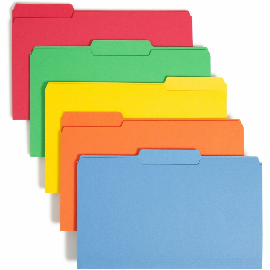 Smead Colored 1/3 Tab Cut Legal Recycled Top Tab File Folder - 8 1/2" x 14" - 3/4" Expansion - Top Tab Location - Assorted Tab Position - 11 pt. - 1 Plys - Blue, Green, Orange, Red, Yellow - Rounded Corner - 10% Recycled - 100 / Box