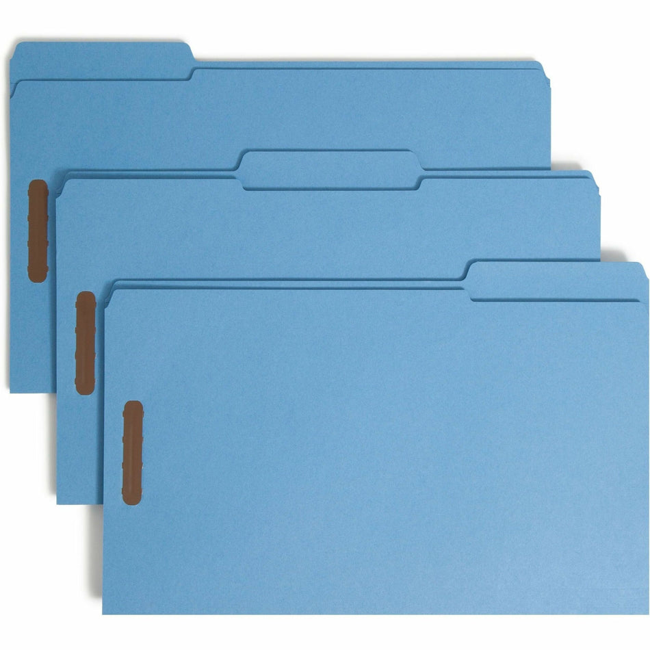 Smead Colored 1/3 Tab Cut Legal Recycled Fastener Folder - 8 1/2" x 14" - 3/4" Expansion - 2 x 2K Fastener(s) - 2" for Folder - Top Tab Location - Assorted Tab Position - 11 pt. - 2 Plys - Blue - Reinforced Tab - 10% Recycled - 50 / Box