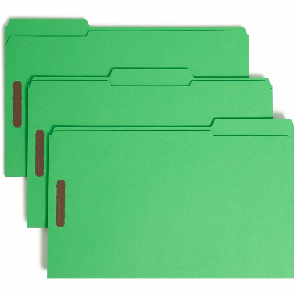Smead Colored 1/3 Tab Cut Legal Recycled Fastener Folder - 8 1/2" x 14" - 3/4" Expansion - 2 x 2K Fastener(s) - 2" for Folder - Top Tab Location - Assorted Tab Position - 11 pt. - 2 Plys - Green - Reinforced Tab - 10% Recycled - 50 / Box