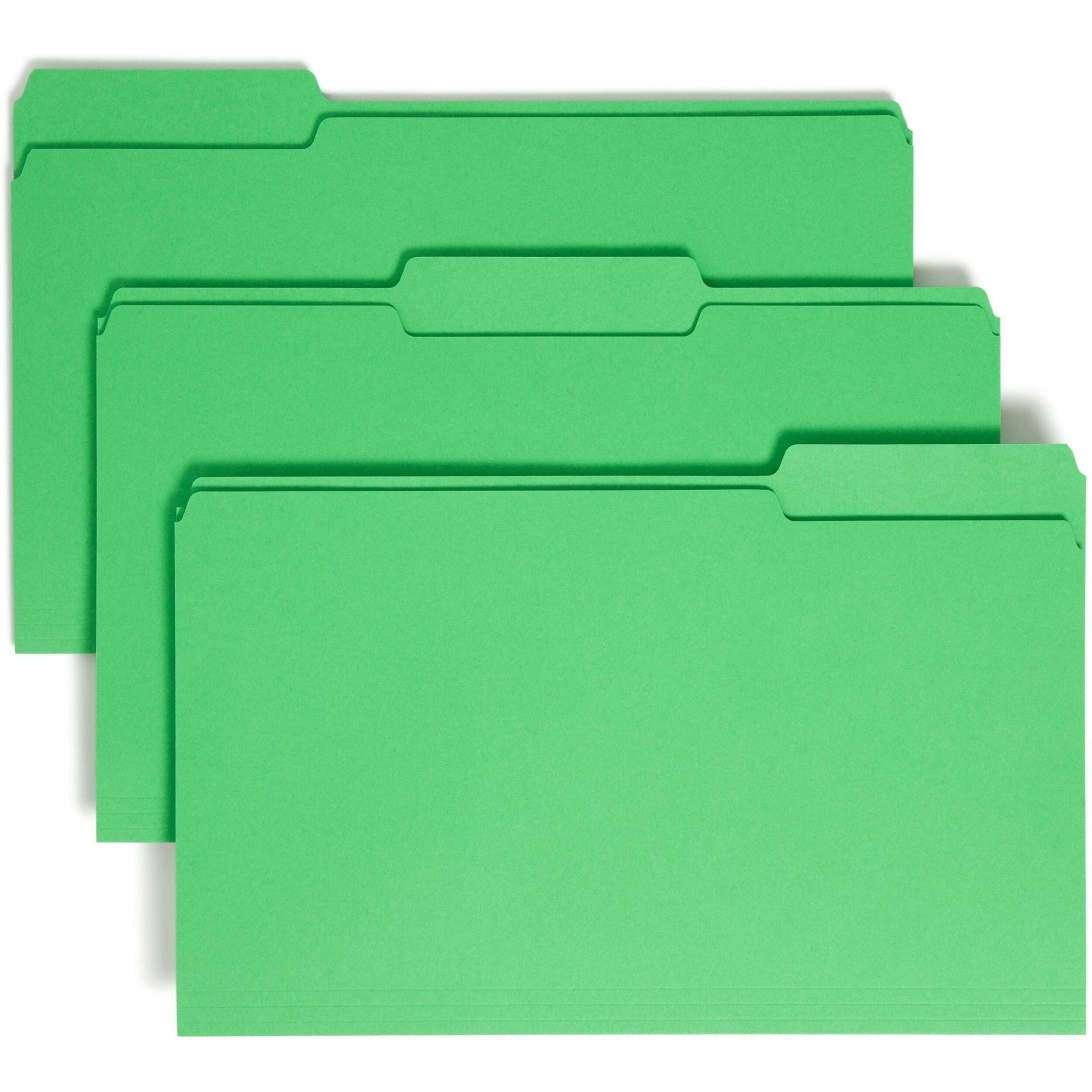 Smead Colored 1/3 Tab Cut Legal Recycled Top Tab File Folder - 8 1/2" x 14" - 3/4" Expansion - Top Tab Location - Assorted Tab Position - 11 pt. - 1 Plys - Green - Break Resistant - 10% Recycled - 100 / Box
