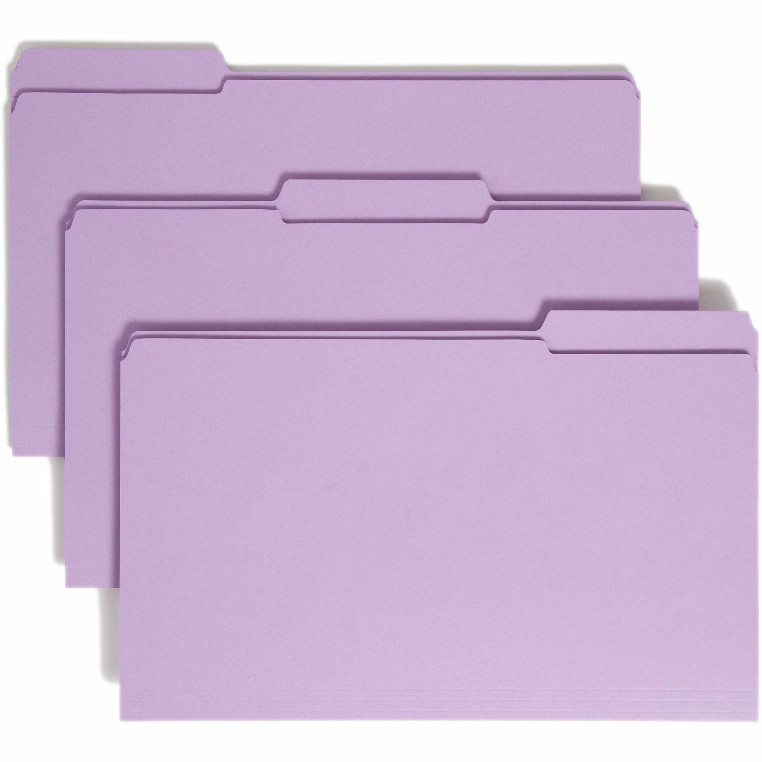 Smead Colored 1/3 Tab Cut Legal Recycled Top Tab File Folder - 8 1/2" x 14" - 3/4" Expansion - Top Tab Location - Assorted Tab Position - 11 pt. - 2 Plys - Lavender - 10% Recycled - 100 / Box