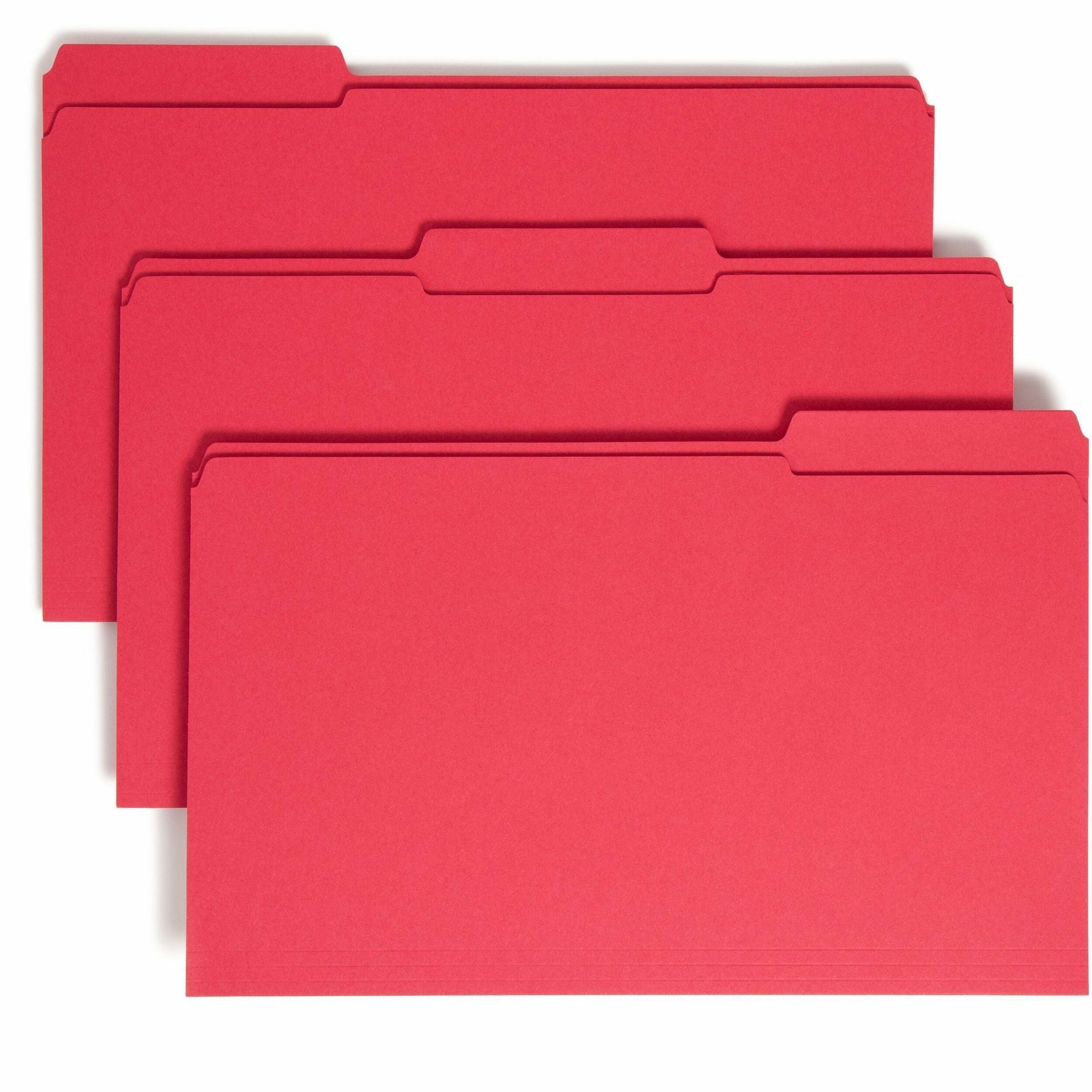 Smead Colored 1/3 Tab Cut Legal Recycled Top Tab File Folder - 8 1/2" x 14" - 3/4" Expansion - Top Tab Location - Assorted Tab Position - 11 pt. - 2 Plys - Red - 10% Recycled - 100 / Box