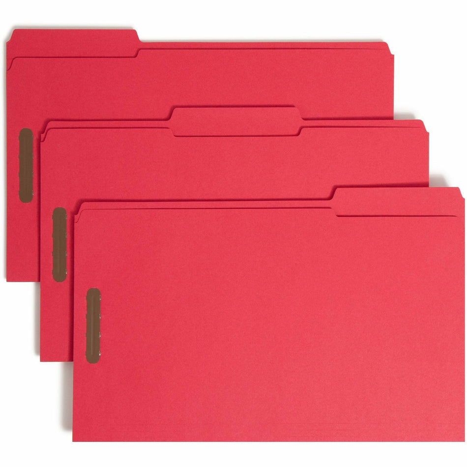 Smead Colored 1/3 Tab Cut Legal Recycled Fastener Folder - 8 1/2" x 14" - 3/4" Expansion - 2 x 2K Fastener(s) - 2" for Folder - Top Tab Location - Assorted Tab Position - 11 pt. - 2 Plys - Red - Reinforced Tab - 10% Recycled - 50 / Box