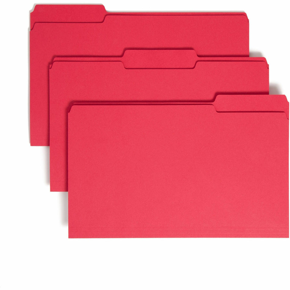 Smead Colored 1/3 Tab Cut Legal Recycled Top Tab File Folder - 8 1/2" x 14" - 3/4" Expansion - Top Tab Location - Assorted Tab Position - 11 pt. - 1 Plys - Red - Rounded Corner - 10% Recycled - 100 / Box