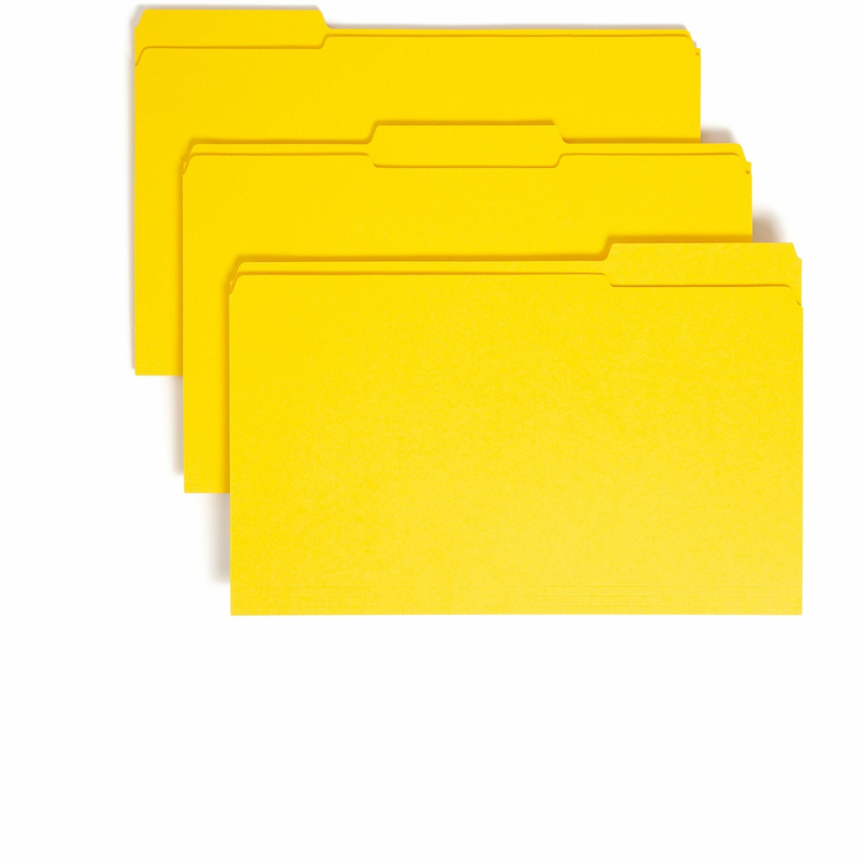 Smead Colored 1/3 Tab Cut Legal Recycled Top Tab File Folder - 8 1/2" x 14" - 3/4" Expansion - Top Tab Location - Assorted Tab Position - 11 pt. - 2 Plys - Yellow - 10% Recycled - 100 / Box