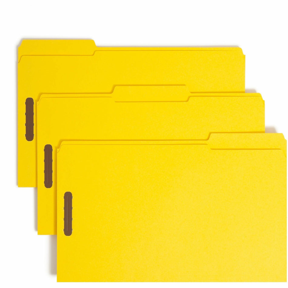 Smead Colored 1/3 Tab Cut Legal Recycled Fastener Folder - 8 1/2" x 14" - 2 x 2K Fastener(s) - 2" for Folder - Top Tab Location - Assorted Tab Position - 11 pt. - 2 Plys - Yellow - Reinforced Tab - 10% Recycled - 50 / Box