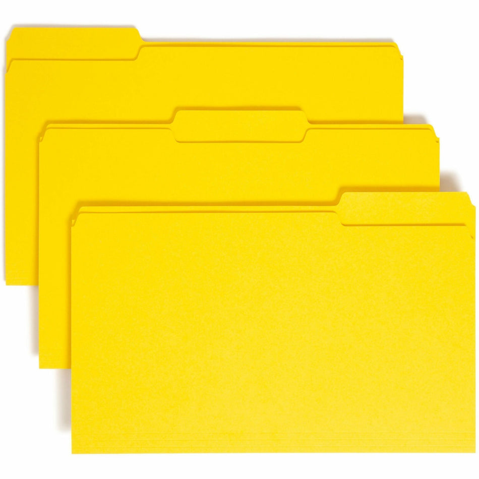 Smead Colored 1/3 Tab Cut Legal Recycled Top Tab File Folder - 8 1/2" x 14" - 3/4" Expansion - Top Tab Location - Assorted Tab Position - 11 pt. - 1 Plys - Vinyl - Yellow - Rounded Corner - 10% Recycled - 100 / Box