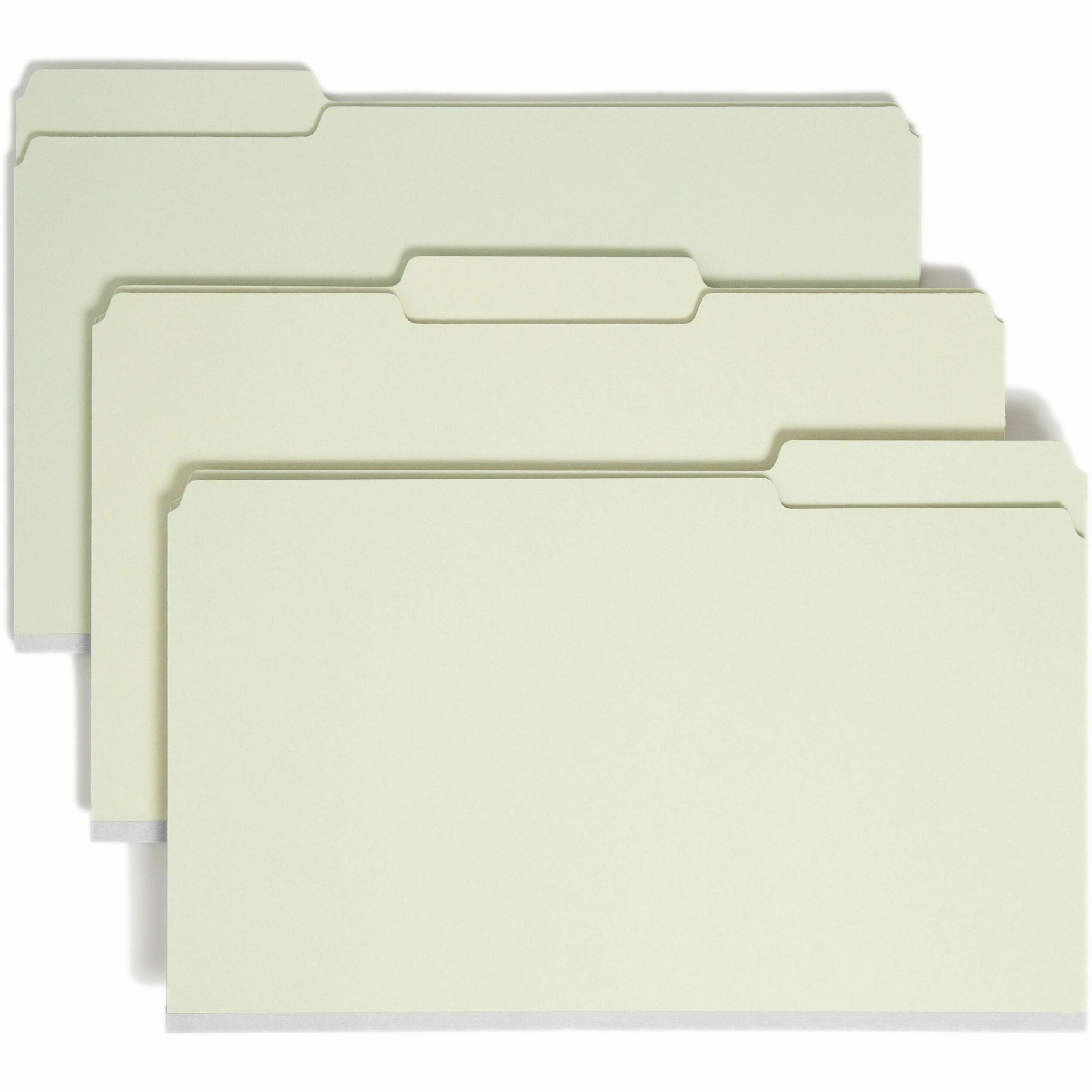 Smead 1/3 Tab Cut Legal Recycled Top Tab File Folder - 8 1/2" x 14" - 1" Expansion - Top Tab Location - Assorted Tab Position - 25 pt. - Pressboard - Gray, Green - Heavy Duty, Rounded Corner, Wear Resistant, Tear Resistant - 100% Recycled - 25 / Box