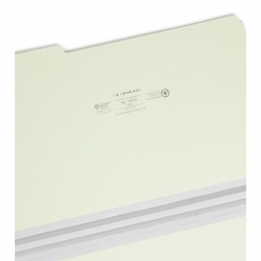 Smead 1/3 Tab Cut Legal Recycled Top Tab File Folder - 8 1/2" x 14" - 2" Expansion - Top Tab Location - Assorted Tab Position - 25 pt. - Pressboard - Gray, Green - Heavy Duty, Rounded Corner, Wear Resistant, Tear Resistant - 100% Recycled - 25 / Box