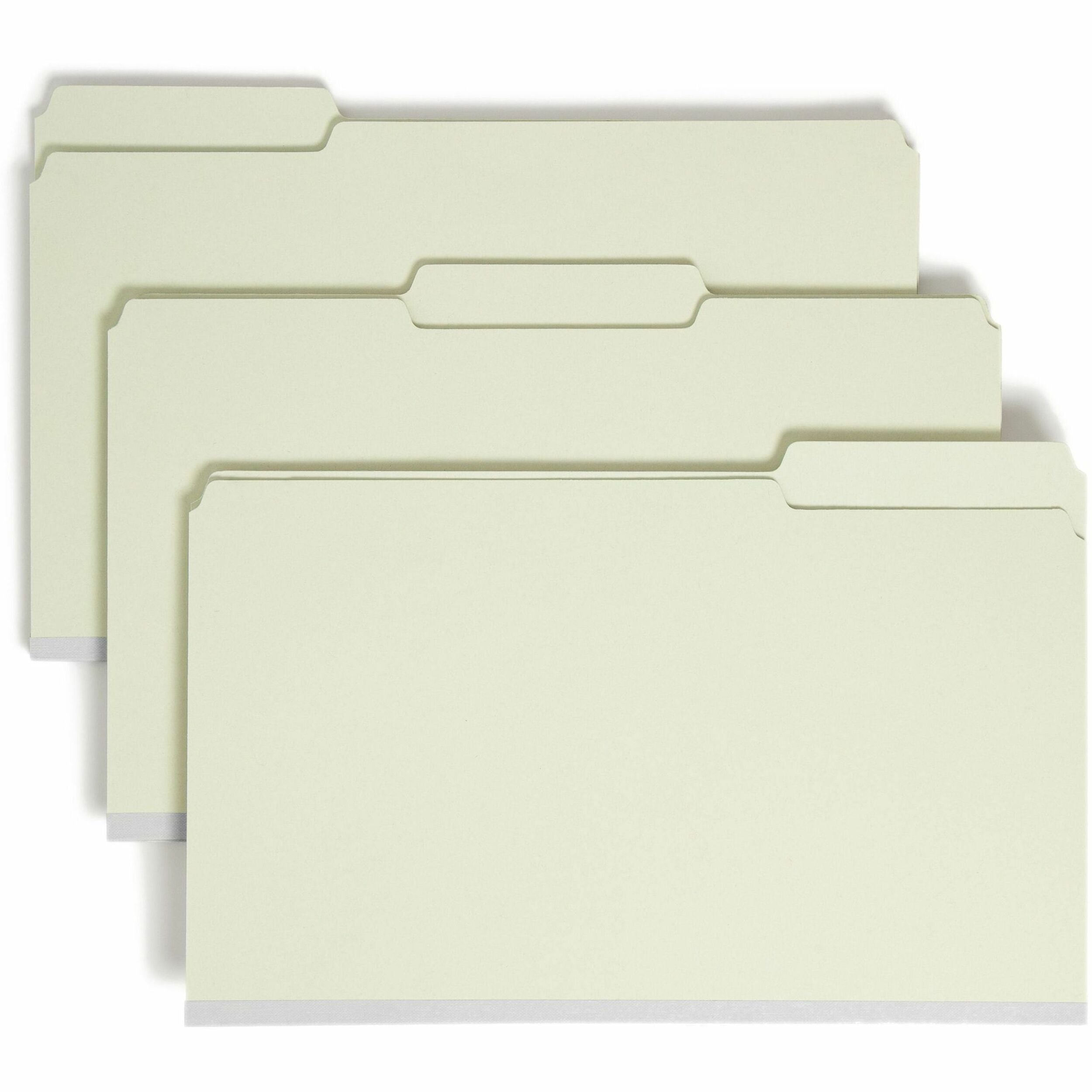 Smead 1/3 Tab Cut Legal Recycled Top Tab File Folder - 8 1/2" x 14" - 2" Expansion - Top Tab Location - Assorted Tab Position - 25 pt. - Pressboard - Gray, Green - Heavy Duty, Rounded Corner, Wear Resistant, Tear Resistant - 100% Recycled - 25 / Box