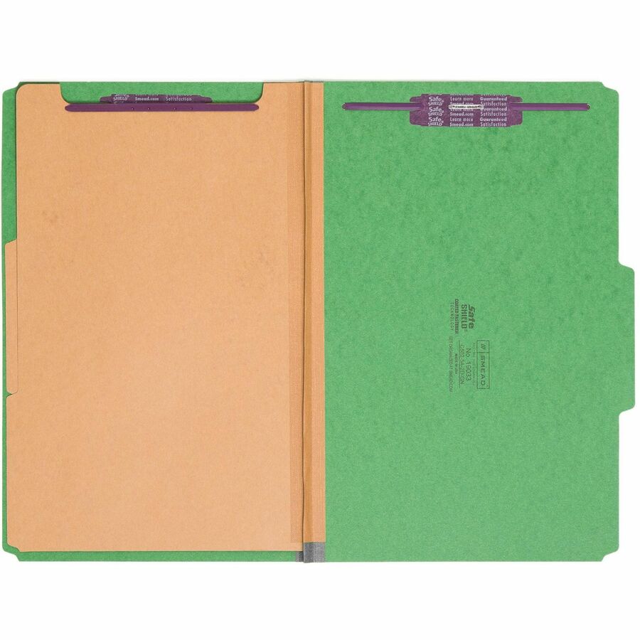 Smead SafeSHIELD 2/5 Tab Cut Legal Recycled Classification Folder - 8 1/2" x 14" - 2" Expansion - 2 x 2S Fastener(s) - 2" for Folder - Top Tab Location - Right of Center Tab Position - 2 Divider(s) - 25 pt. - Pressboard - Green - 100% Recycled - 10 / Box