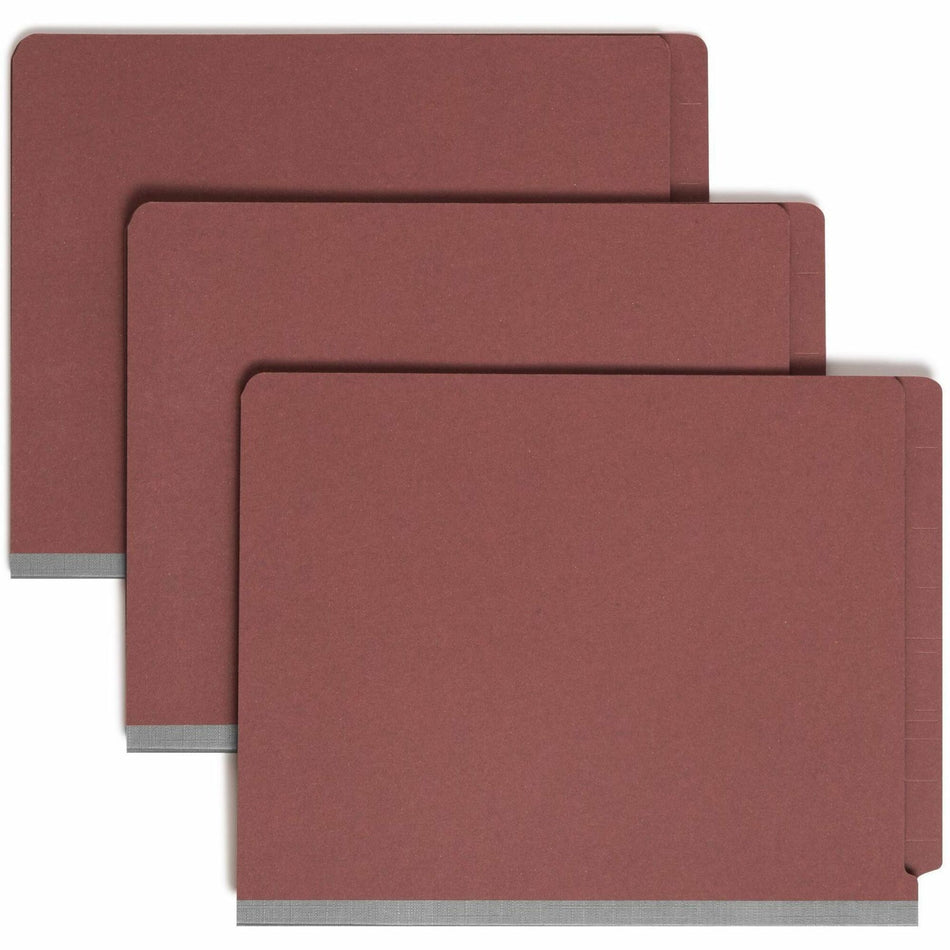 Smead Straight Tab Cut Letter Recycled Classification Folder - 8 1/2" x 11" - 3" Expansion - 2 x 2S Fastener(s) - 2" for Folder, 1" for Divider - End Tab Location - 3 Divider(s) - 25 pt. - Pressboard - Red - Rounded Corner - 100% Recycled - 10 / Box