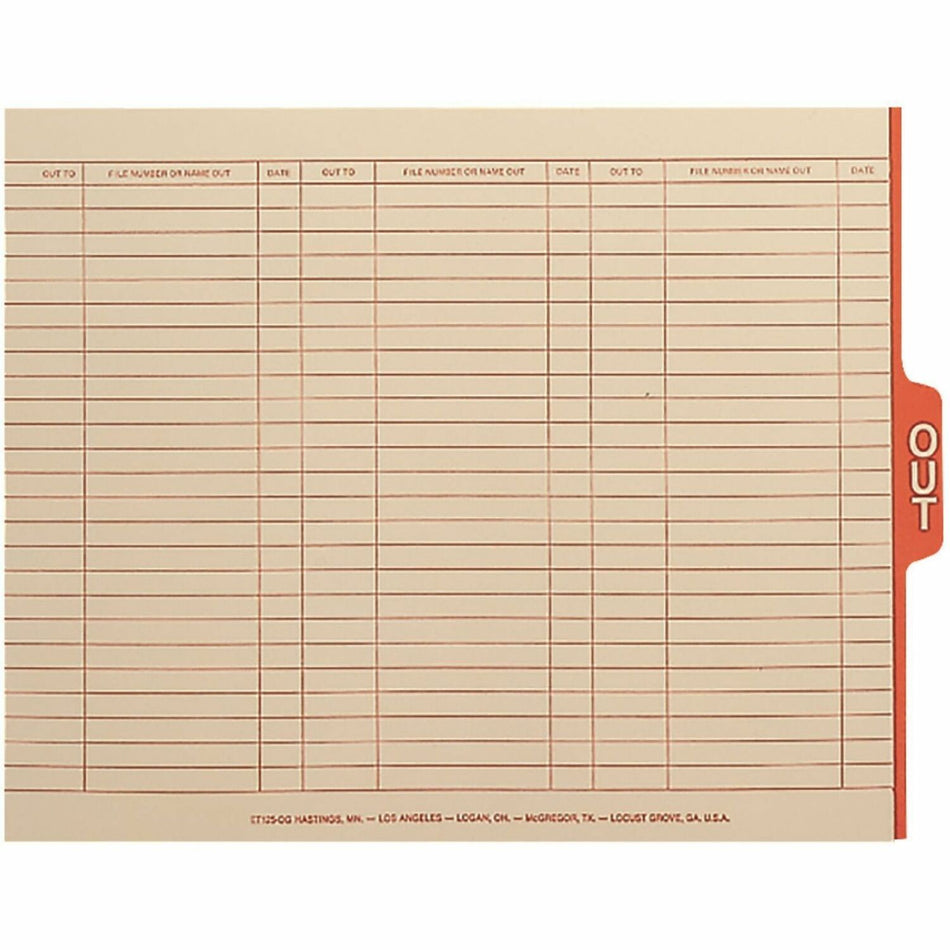 Smead File Guide - Printed Center Tab(s) - Message - OUT x 0.50" Tab Width - Legal - 8.50" Width x 14" Length - Manila Divider - Red Tab(s) - 10% Recycled - 100/Box - 5 / Carton