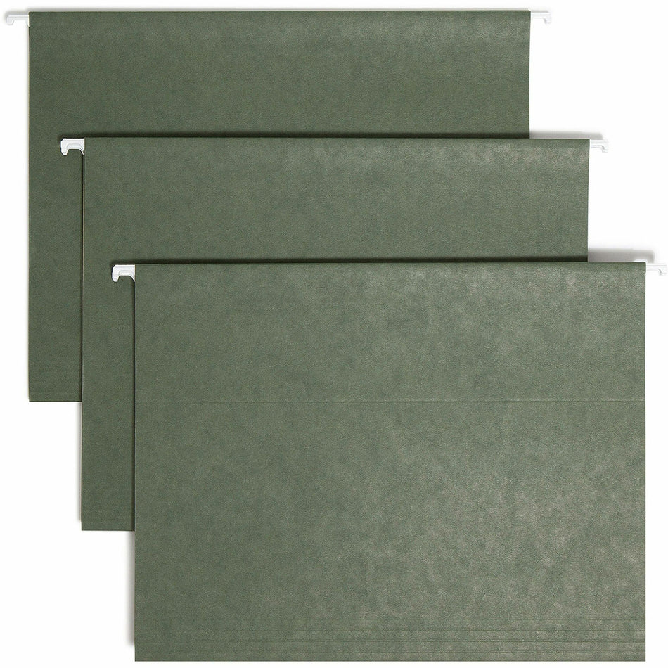 Smead 1/5 Tab Cut Letter Recycled Hanging Folder - 8 1/2" x 11" - Top Tab Location - Assorted Tab Position - 11 pt. - Vinyl - Standard Green - 10% Recycled - 25 / Box