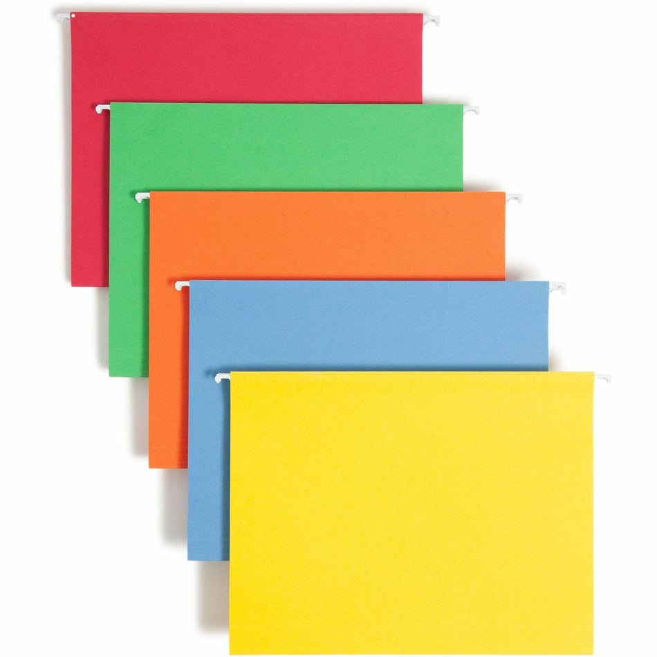 Smead Colored 1/5 Tab Cut Letter Recycled Hanging Folder - 8 1/2" x 11" - Top Tab Location - Assorted Tab Position - 11 pt. - Vinyl - Blue, Green, Orange, Red, Yellow - 10% Recycled - 25 / Box
