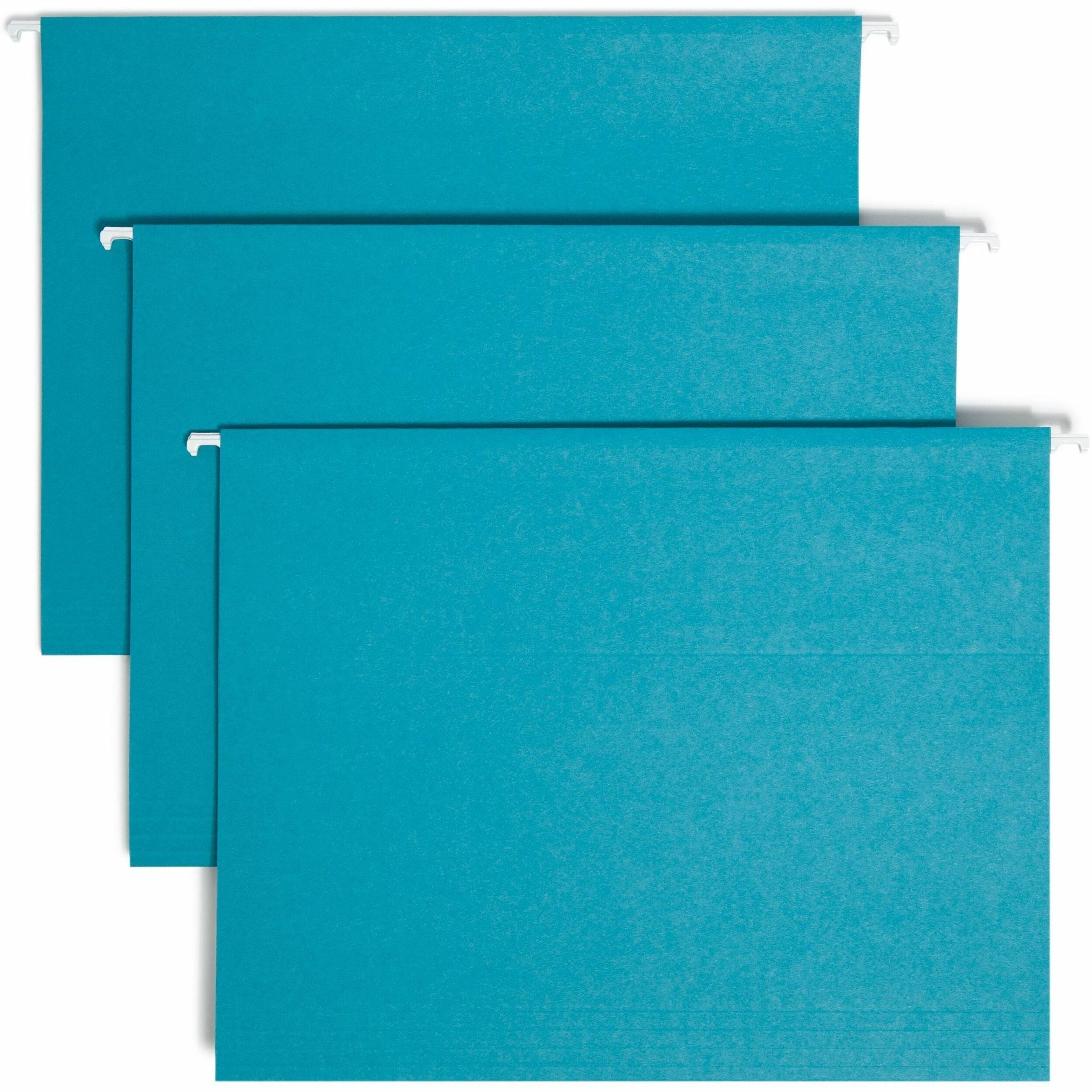 Smead Colored 1/5 Tab Cut Letter Recycled Hanging Folder - 8 1/2" x 11" - Top Tab Location - Assorted Tab Position - 11 pt. - Vinyl - Teal - 10% Recycled - 25 / Box